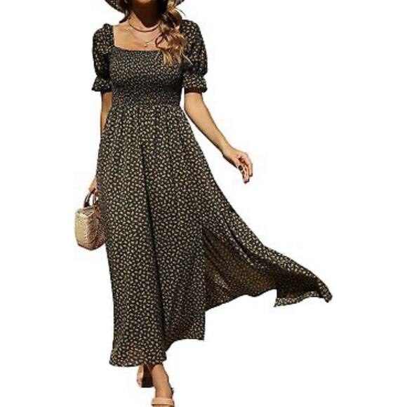 NEW  Floral Print Dress  SIZE SMALL  Bohemian Midi Length Square Neck Smocked - Picture 1 of 10